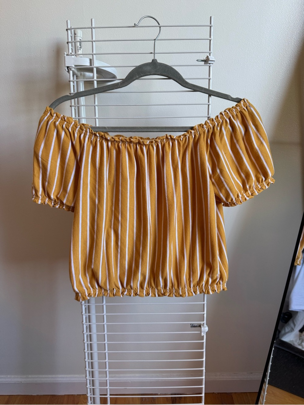 American Eagle Outfitters Mustard Yellow & White Striped Off-Shoulder Crop Top